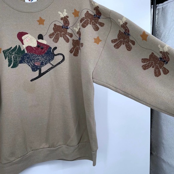 Vintage 90s Jerzees Santa with Reindeer Christmas Crewneck Sweatshirt XL Brown - Picture 2 of 4